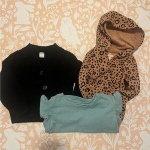 Bundle of toddler 2T tops: cardigan, zip up hoodie, and tshirt